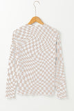 Black Checkered Pattern Mesh Mock Neck Long Sleeve Top