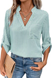 Brown Stripe V Neck Roll Up Sleeve Pocket Patched Classic Shirt