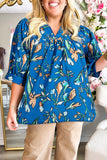 Blue Floral Notched V Neck Half Sleeve Plus Size Blouse