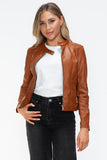 Snobbish Faux Leather Zip Up Drawstring Hooded Jacket