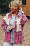 Red Plaid Print Waffle Knit Patchwork Plus Size Shirt