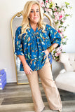 Blue Floral Notched V Neck Half Sleeve Plus Size Blouse