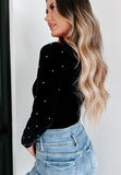 Pearl Detail Velvet V-Neck Long Sleeve Bodysuit