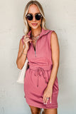 Mineral Red French Terry Zipped Collar Sleeveless Drawstring Waist Mini Dress