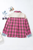 Red Plaid Print Waffle Knit Patchwork Plus Size Shirt