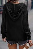 Black V Neck Ribbed Drop Shoulder Hooded Sweater