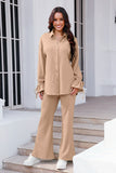 Drawstring Flounce Sleeve Shirt and Pants Set