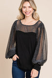 Super Lady Full Size Metallic Mesh Lantern Sleeve Blouse