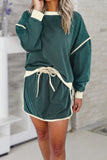 Evergreen Color Contrast Loose Pullover and Lace-up Waist Skort Set