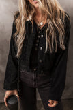 Black Fleece Lined Button-up Collared Corduroy Crop Jacket