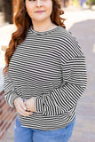 Black Stripe Drop Shoulder Puff Long Sleeve O Neck Plus Size T Shirt