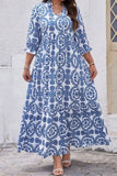 Sky Blue Geometric Print Lace-up Notch Neck Plus Size Maxi Dress