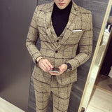 Men's three piece suit Korean version slim fit British casual trendy groom's wedding dress checkered mini suit men