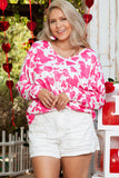 Rose Animal Print Long Sleeve V Neck Plus Size Top