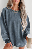 Gray Solid Ribbed Knit Round Neck Pullover Sweatshirt