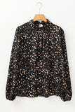 White Leopard Print Lantern Sleeve Mock Neck Pleated Blouse