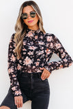 Black Floral Mesh Mock Neck Long Sleeve Slim Fit Top