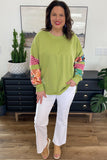 Rose Red Plus Size Printed Patchwork Sleeve Split Sweatshirt