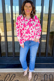 Rose Animal Print Long Sleeve V Neck Plus Size Top