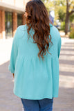 Turquoise Cordrd Balloon Sleeve Collar Plus Babydoll Top