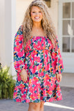 Rose Flower Print Smocked Square Neck Plus Size Dress