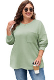 Clearly Aqua Plus Size Corded Knit Pocketed Crew Neck Top