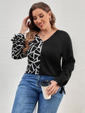 Honey Plus Size V-neck long sleeve t-shirt with geometric print