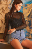 Black Rhinestone Sheer Mesh Slim Fit Long Sleeve Top