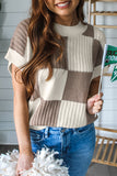 Black Checkered Color Block Crew Neck Short Sleeve Sweater