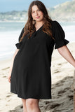 Black Solid Ruffled Puff Sleeve V Neck Plus Size Mini Dress