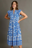 Umgee Full Size Two Tone Border Print Ruffle Cap Sleeve Midi Dress Plus Size