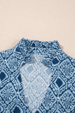 Sky Blue Western Geometric Print Frilled V Neck Loose Fit Blouse