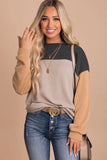 Green Color Block Long Sleeve Ribbed Loose Top