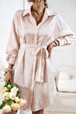 Apricot Sleek Leopard Long Sleeve Tie Waist Shirt Dress