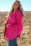 Bright Pink Faux Suede Sherpa Patchwork Button-up Shacket