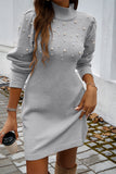 Gray Pearl Beaded High Neck Bodycon Sweater Dress