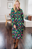 Green Horse Printed Long Sleeve Collared Buttoned Plus Size Midi Dress