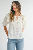 MABLE Eyelet Lace Ruffle Shoulder Puff Sleeve Blouse