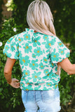 Beige Floral Puff Sleeve Frilled Neckline Blouse