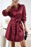 Apricot Sleek Leopard Long Sleeve Tie Waist Shirt Dress