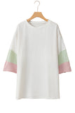 White Textured Colorblock Patchwork Half Sleeve Plus T Shirt