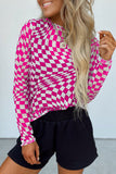 Black Checkered Pattern Mesh Mock Neck Long Sleeve Top