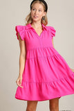 Umgee Full Size Johnny Collar Ruffle Cap Sleeve Tiered Dress Plus Size