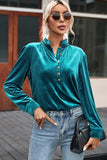 Green Frilled Neck Buttoned Front Velvet Top