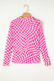 Black Checkered Pattern Mesh Mock Neck Long Sleeve Top