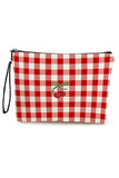 Fiery Red Cherry Plaid Print Wristlet Zipper Canvas Makeup Bag