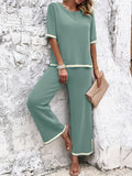 Devine Contrast Trim Round Neck Top and Pants Set