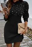 Gray Pearl Beaded High Neck Bodycon Sweater Dress