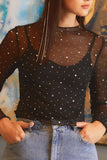 Black Rhinestone Sheer Mesh Slim Fit Long Sleeve Top