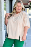 Beige Pearl Decor Crew Neck Half Sleeve Plus Size T Shirt